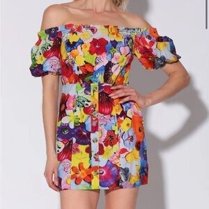 NWT Walter Baker Kylie Puff Sleeve Off the Shoulder Mini Dress Colorful Sz 0